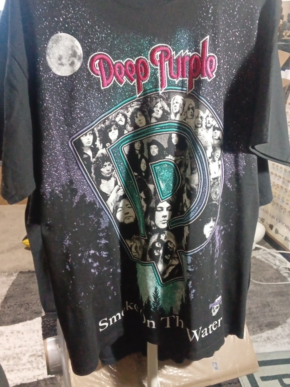 Deep Purple Graphic Band Tee in Black with Teal and Pink Accents